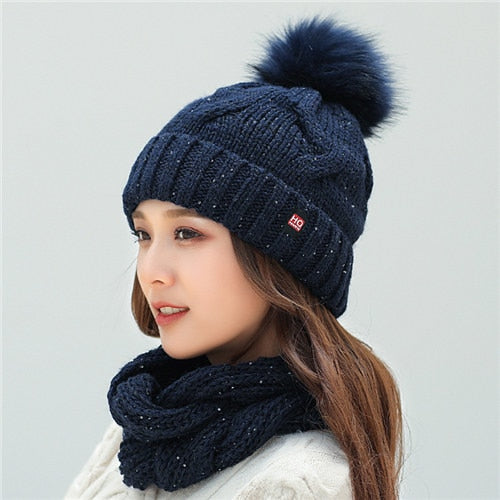 Pom poms ball Knitted hat & scarf hat set