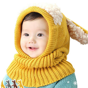 Cute Cartoon Baby Hat Winter Hats For Girls Kids Rabbit Long Ear Soft Crochet Baby Cap Hooded Hat Scarf Set for Children