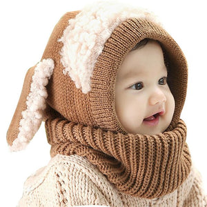 Cute Cartoon Baby Hat Winter Hats For Girls Kids Rabbit Long Ear Soft Crochet Baby Cap Hooded Hat Scarf Set for Children